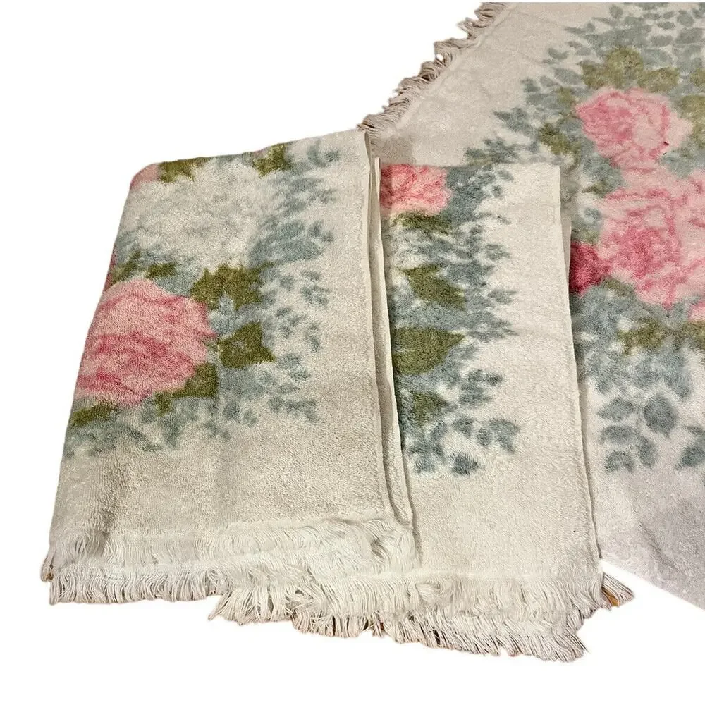 Vtg 9 Piece Fieldcrest Floral Roses Bath Towel Set Fringe Retro Cottage core USA